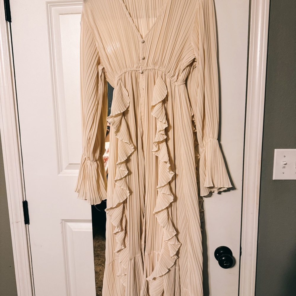 Cream Ruffle Long Sleeve Dress (Sheer)